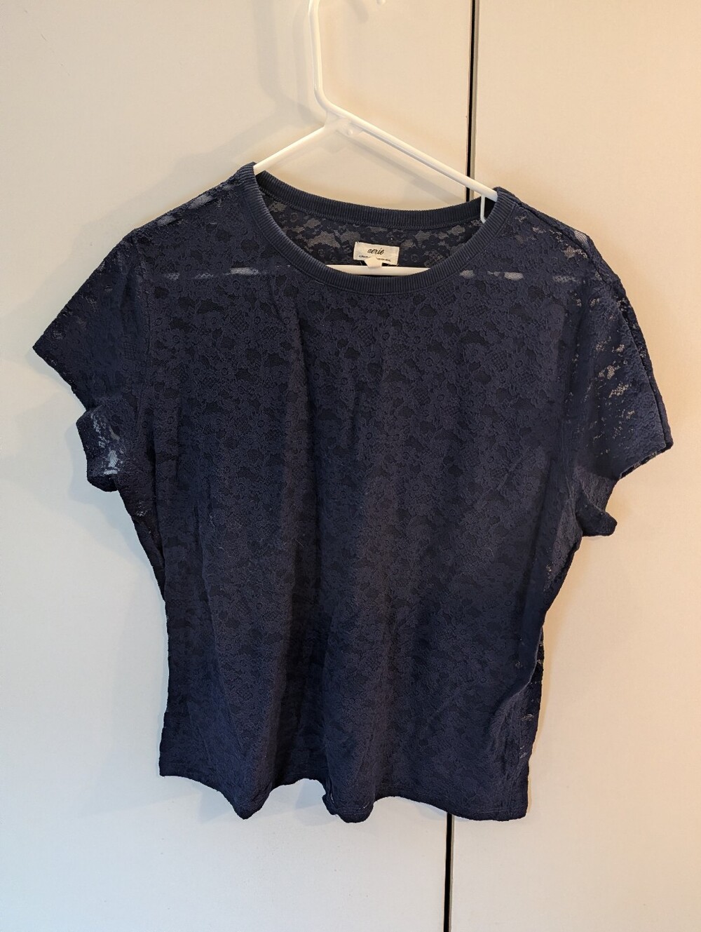Aerie Womans XL Navy Floral Lace Short Sleeve Tee